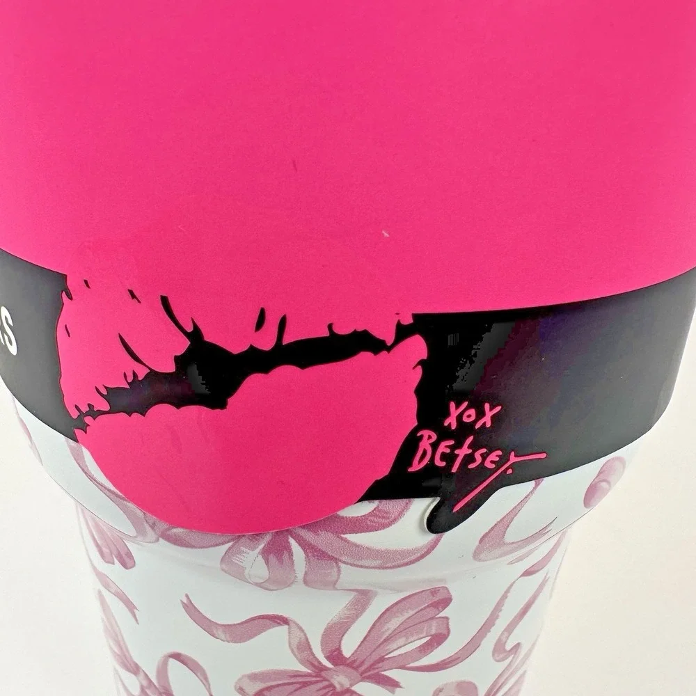 Betsey Johnson Pink Bow 32 oz Insulated Tumbler Flip Straw Handle Coquette Cup